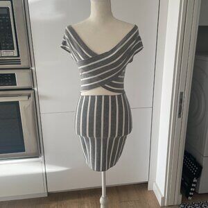 Gray & White Striped Off-Shoulder Bodycon Dress with Wrap Cutout Detail (XS)